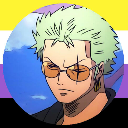 Roronoa Zoro picture from the anime "One Piece." Post-timeskip screenshot. Zoro is wearing sunglasses. There's a non-binary flag frame around the picture.